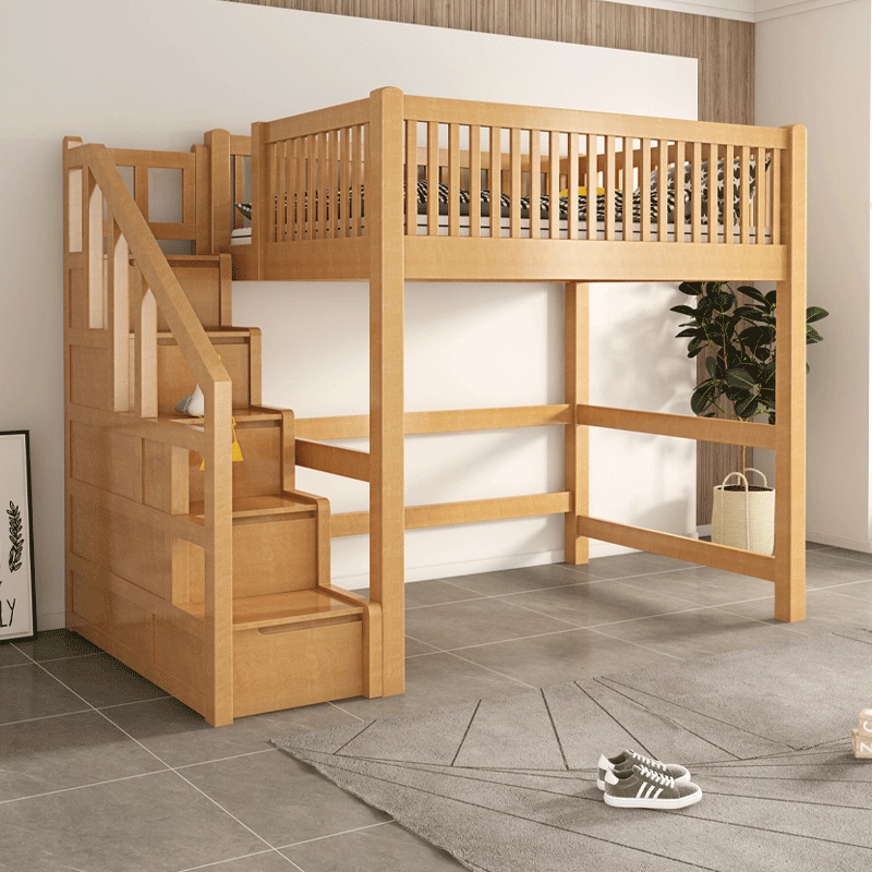 Bunk Bed with Desk Combination for Small Apartments, Multifunctional Beech Wood Loft Bed for Studying and Sleeping
