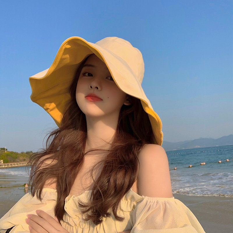 Hat women's summer sun hat sunscreen fisherman hat all-match anti-ultraviolet large brim shows face small face sun hat