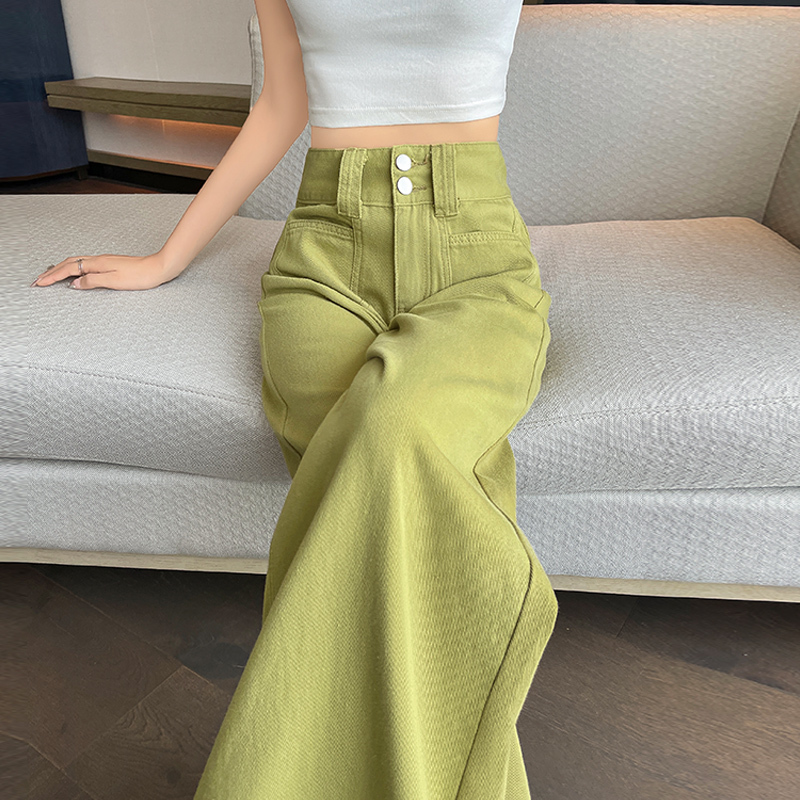 Dopamine Casual Wide-Leg Jeans for Women, Autumn Trendy Style, Hip-Covering, Loose Avocado Green Straight-Leg Floor-Length Pants