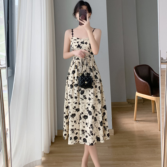2024 spring and summer new high-end chiffon long skirt two-piece set dry rose floral suspender dress for women