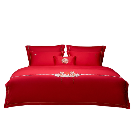 Luolai Home Textile Bedding Supplies Wedding Cotton Tribute Satin Bed Sheet and Duvet Cover Big Red Wedding Wedding Pleasure Quilt Set of Four