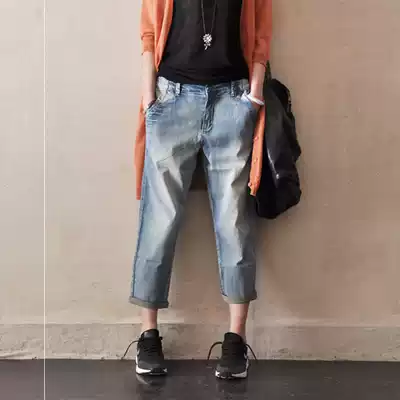 Code thin 2021 women's pants loose washed white polished casual big spring waist pure cotton nine-point elastic new jeans