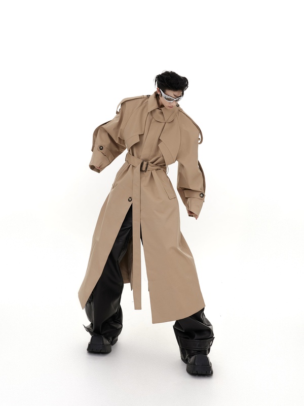 Culture Niche Deconstructed Silhouette Padded Shoulder Coat with Three-Dimensional Design, Trench Coat, Over-The-Knee Long Top