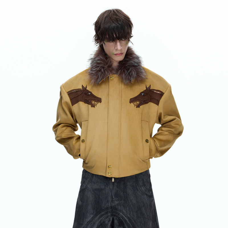 Argueculture Year of the Horse Retro Jacket with Fur Collar, Short Style, Hand-Embellished with Diamonds, Structured Jacket Argueculture Year of the Horse Retro Jacket with Fur Collar, Short Style, Hand-Embellished with Diamonds, Structured Jacket