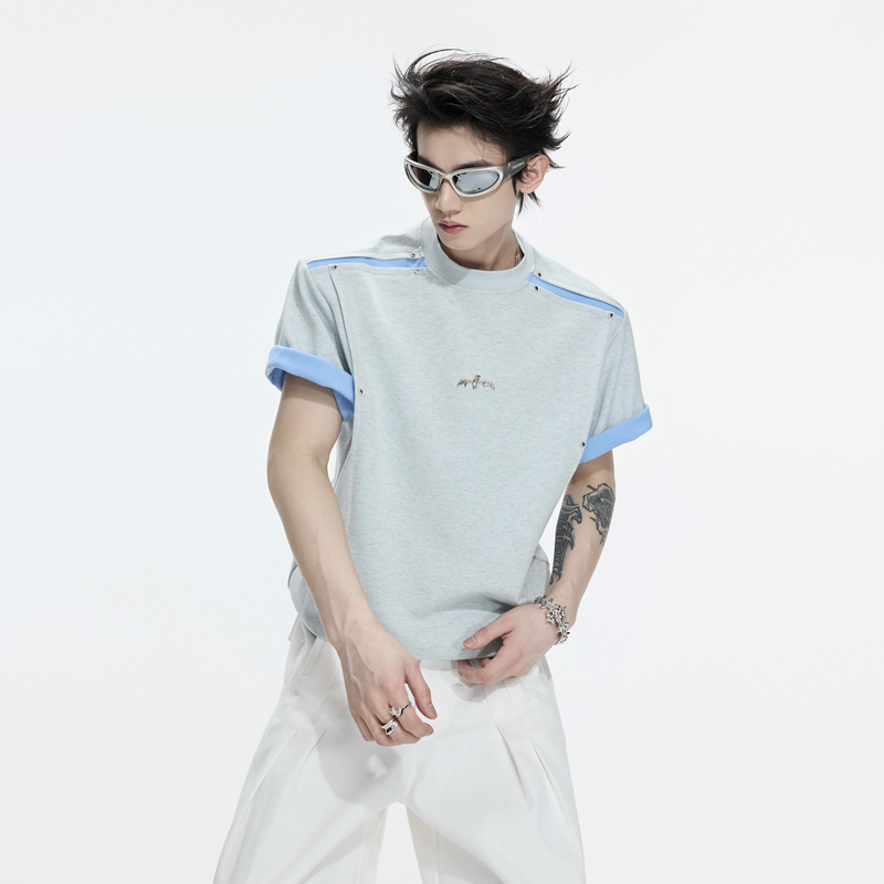 Argue Blood Blade* Color-Blocked Round Neck Short-Sleeve T-Shirt with Unique Deconstructed Design and Cool Fold-Over Sleeves for Summer Argue Blood Blade* Color-Blocked Round Neck Short-Sleeve T-Shirt with Unique Deconstructed Design and Cool Fold-Over Sleeves for Summer