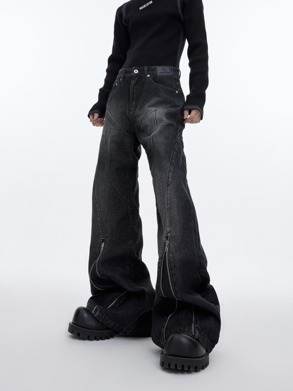 Argue Heavy-Duty Niche Washed Vintage-Style Structured Line Micro-Flared Jeans with Metal Zipper Design Long Pants