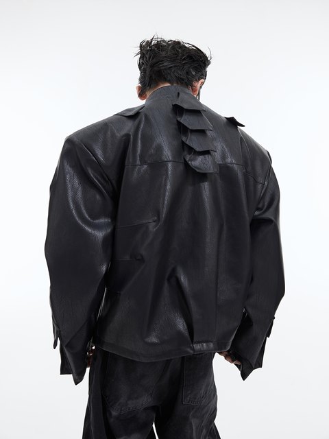 CulturE heavyweight niche deconstructed split round neck jacket jacket ຫນັງສາມມິຕິໂຄງສ້າງ jacket jacket ສັ້ນສໍາລັບຜູ້ຊາຍ