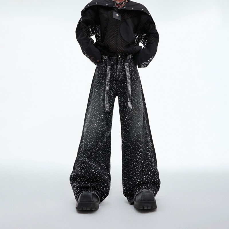 Argue24Ss New Style Star-Studded Rhinestone Vintage Washed Ribbon Jeans Niche Loose Heavy-Duty Wide-Leg Pants