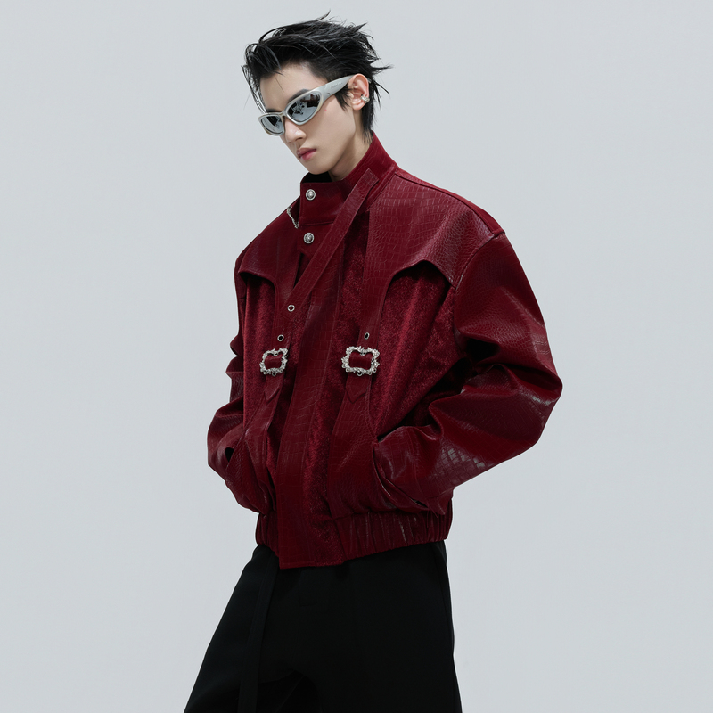 Argue Culture Crocodile Scale Pattern Short Jacket with Stand Collar and Horsehair Splicing, Heavy-Duty Design Leather Jacket