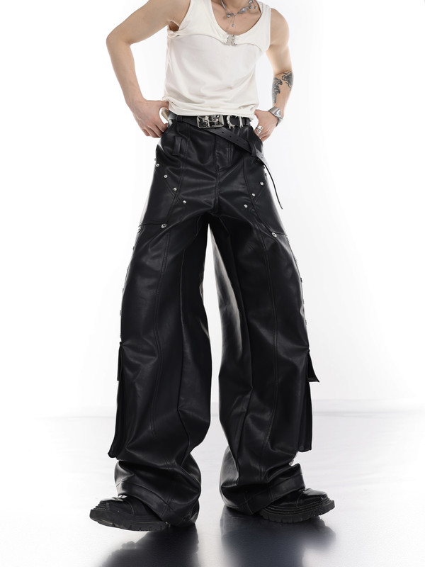 Culture Niche Metal-Style Leather Cargo Pants with Large Pockets and Patchwork Design, Wide-Leg Loose Trousers
