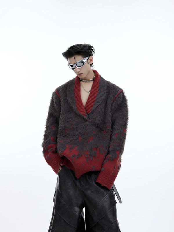 Argue Heavy-Duty Autumn and Winter Niche Gradient V-Neck New Year Sweater Faux Fur Plush Loose Christmas Atmosphere Sweater