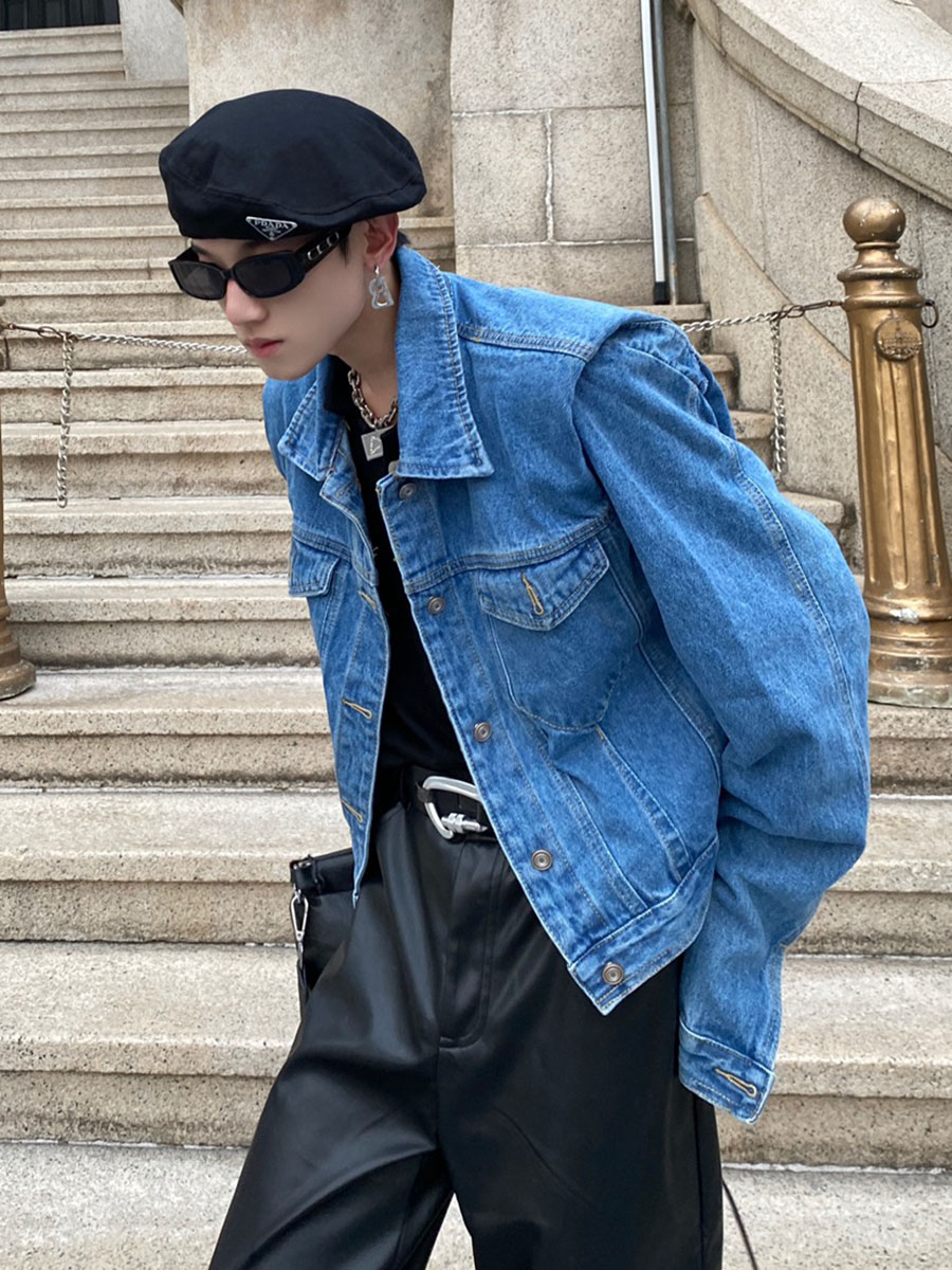 CulturE21ss Retro Press Pleats Design Sense Cushion Shoulder Denim Jacket Loose small crowdsourced short jacket Men's senior