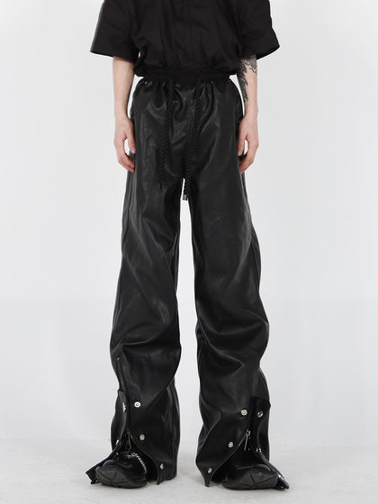 CulturE niche button zipper design leather pants thick rope punk straight pants trend fried street high-end trousers