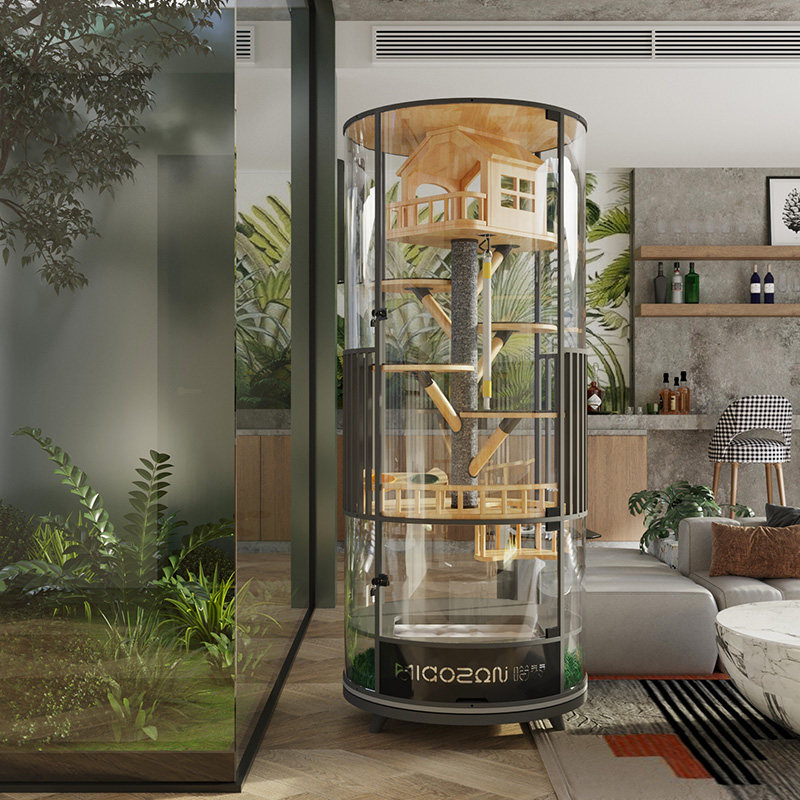Meow Zen 360 ° Rotatable Cat Cage Villa Solid Wood Luxury Panoramic Display Cabinet Cat Cowl Glass House With Toilet