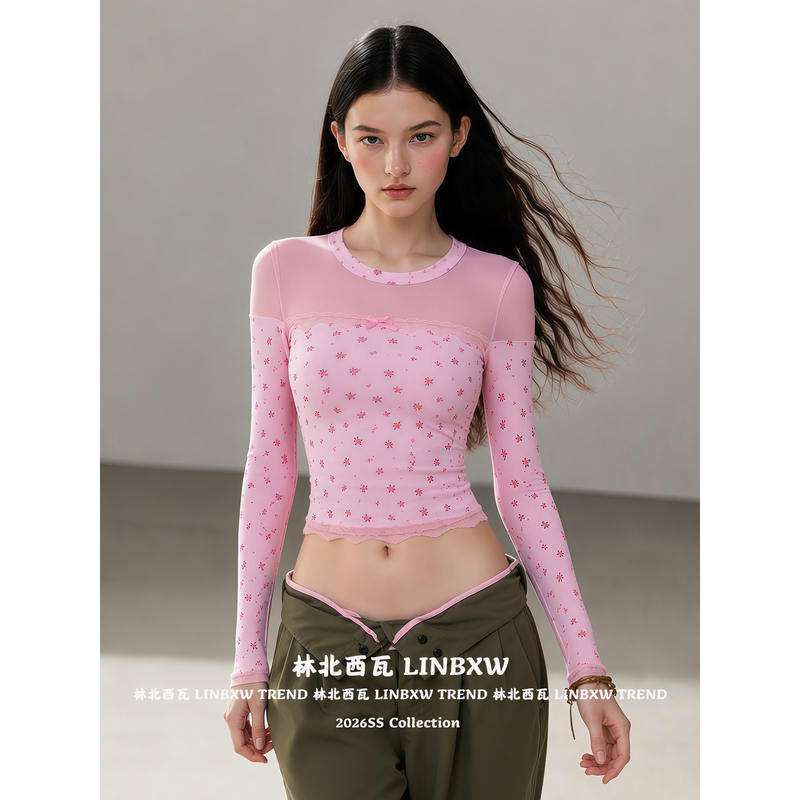 Sweet Style Mesh Patchwork Floral Long-Sleeved Women's Autumn Slim-Fitting Design Top with Bow Lace T-Shirt Sweet Style Mesh Patchwork Floral Long-Sleeved Women's Autumn Slim-Fitting Design Top with Bow Lace T-Shirt