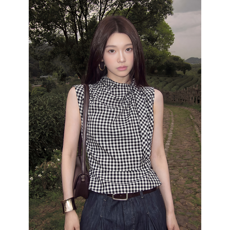 Korean Retro Plaid Shirt for Women, Summer Stand-Up Collar with Ribbon, Sleeveless Top, Hong Kong Style, Artistic and High-End Vest Shirt