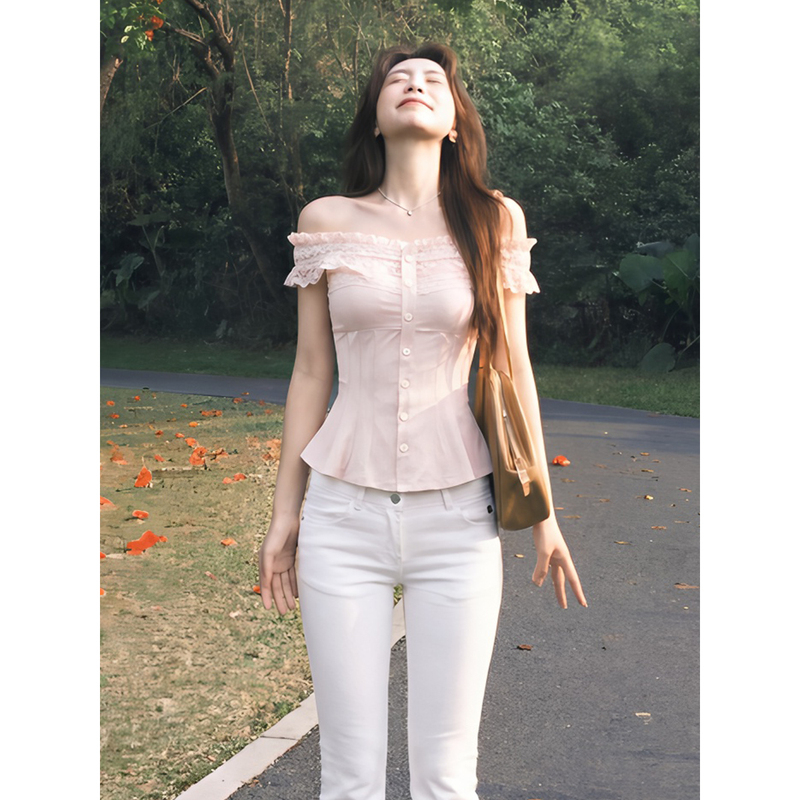 Pure Desire One-Shoulder Lace Patchwork Top for Women, Summer Waist-Cinching Slimming Versatile Shirt, Korean Sweet Off-Shoulder Blouse
