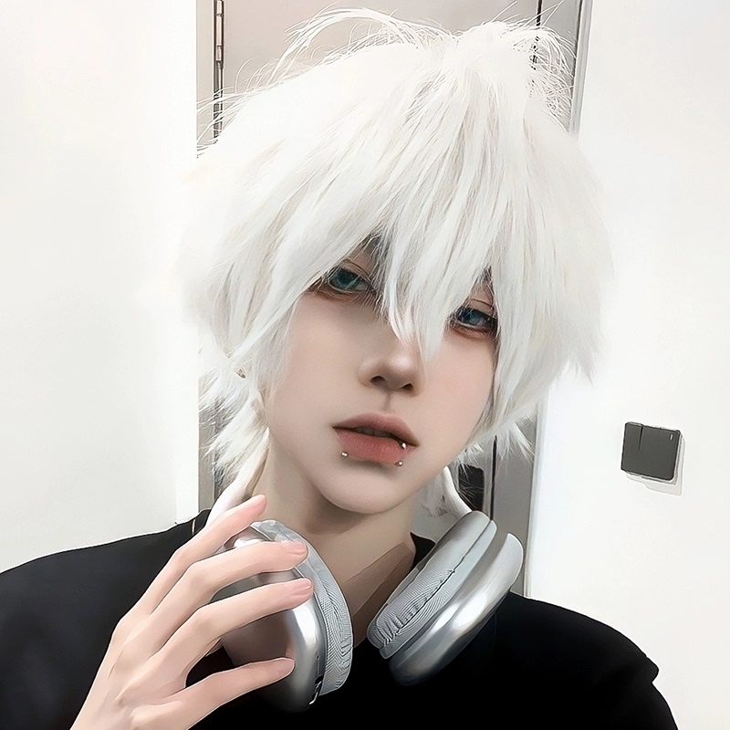 Wig for Men, Short Hair, Pure White, Versatile Cos Wig, Short Straight Hair, Two-Dimensional Fluffy Men's Hairpiece, Shonen-Kai Style