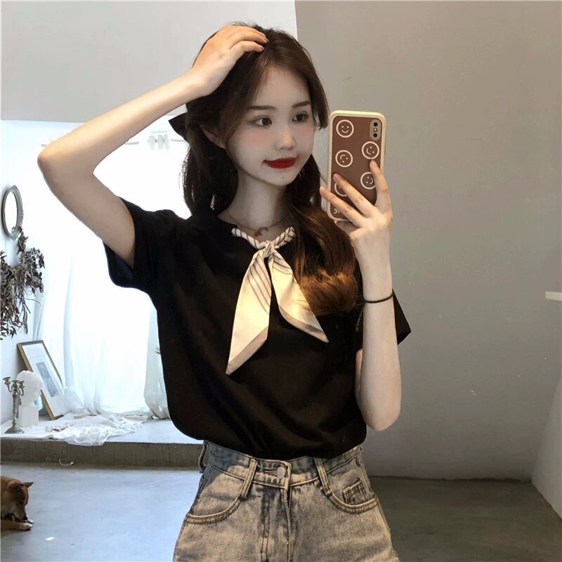 Black Slimming Pure Cotton Short-Sleeve Women's Tie-Neck Niche Design Summer Tie-Up T-Shirt with Regular Shoulders and Loose Fit