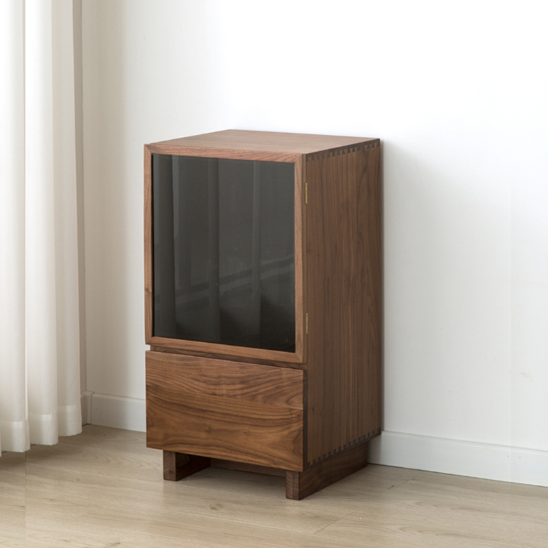 Japanese-Style Solid Wood Black Walnut Side Cabinet Living Room Furniture Nordic Simple White Oak Glass Japanese Record Small Bookcase