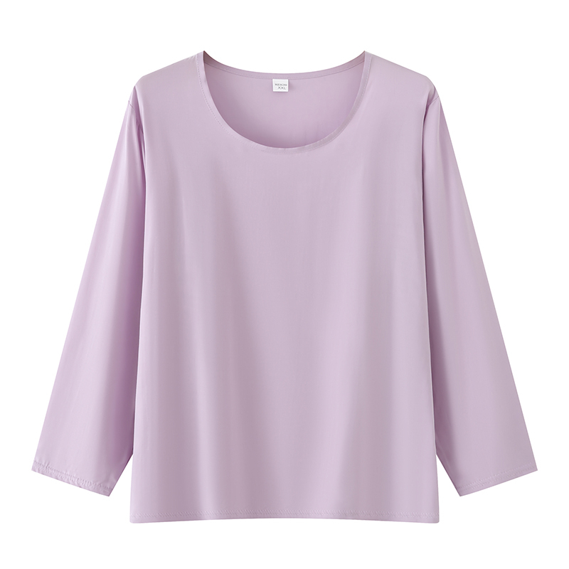 Cotton Silk Pajamas for Women, Simple Solid Color Long-Sleeved Pajama Top, Loose and Breathable Thin Round Neck Light Purple Loungewear