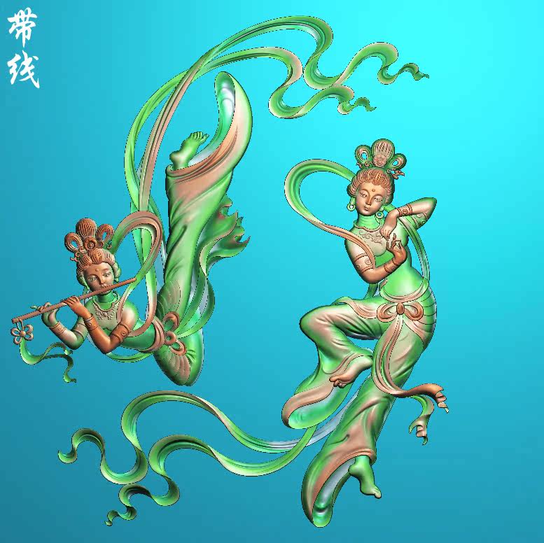 Fairies Two fairies ladies feixian piper beauty wood carving carved figure JDP relief figure BMP grayscale figure