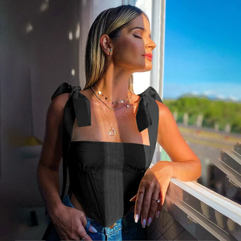 Топ-камисоль (TUNIC Strawpy) укороченный с завязками на плечах, 70% хлопок 30% полиэстер