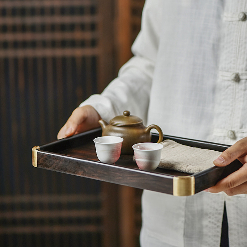 A single purple sandalwood rectangular copper corner tea plate Kung fu tea ceremony household dry bubble plate light luxury wooden tray tea bearing