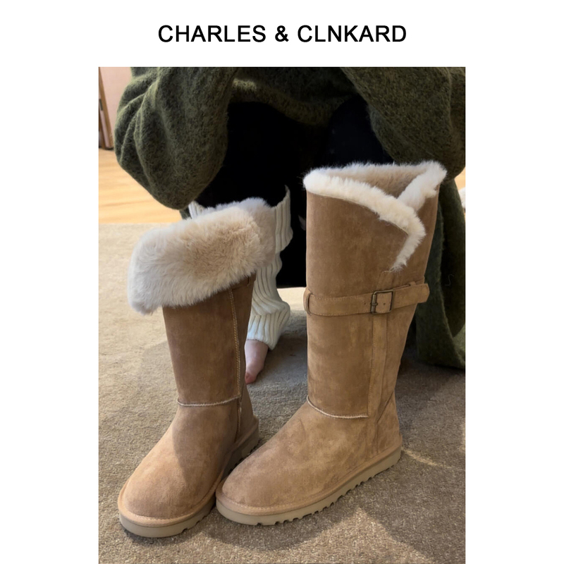 Charles & Clinkard Flat-Soled Long Snow Boots 2024 Winter Warm Versatile Furry Northeast Cotton Shoes