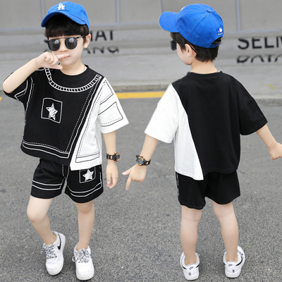 洋气中大孩纯棉不规则拼色T恤套装休闲俩件套潮