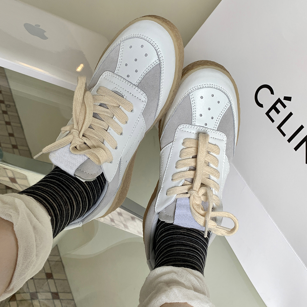 Autumn and winter fashion retro all-match leather lightweight Forrest Gump shoes women's summer round toe sneakers lace-up flat-bottomed training