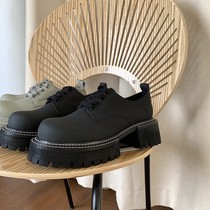 Autumn and winter British muffin thick-soled small leather shoes womens new leather round toe lace up fashion chunky heel shoes