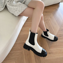 Autumn and winter fashion British black and white color matching thick-soled sleeve chunky heel short boots womens new platform bottom round toe Chelsea boots