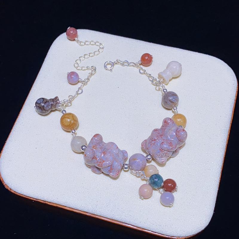 0117~Coral Jade Colorful Insect-Patterned Bear Design 925 Silver Bracelet~