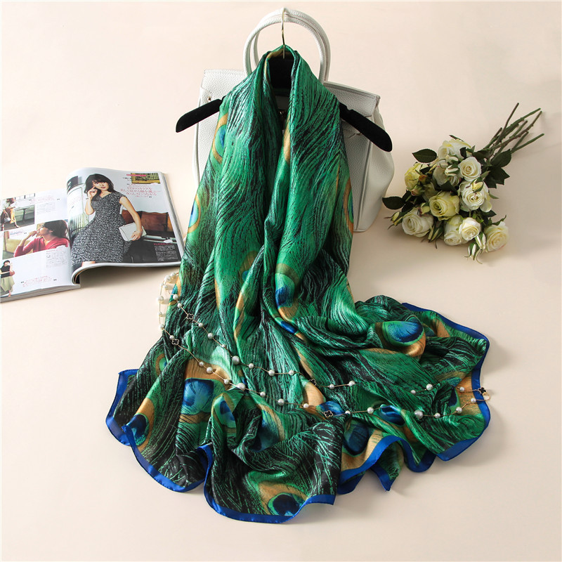 Spring and Summer Fashionable Sun Protection Silk Scarf for Women, Peacock Feather Scarf, Thin Style, Mom's Summer Air-Conditioned Room Shawl, Gift-Giving