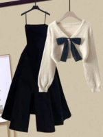 Весенний комплект, трикотажный свитер с бантиком, платье, подходит для подростков, французский стиль