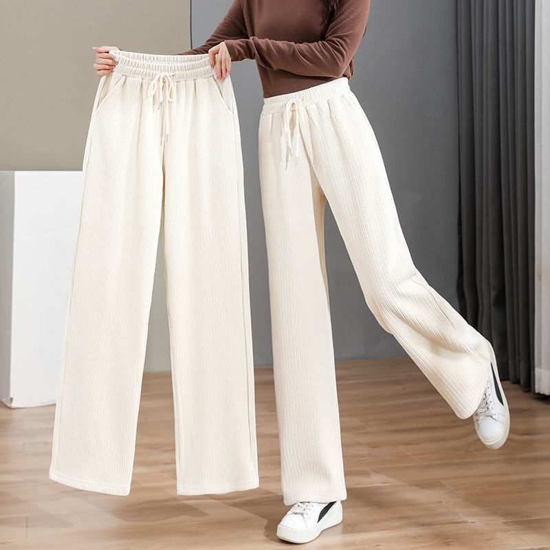 Autumn and Winter Fleece-Lined White Wide-Leg Pants for Women, New Loose High-Waisted Slimming Black Straight Corduroy Trousers