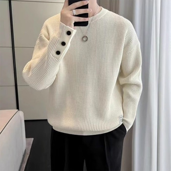 Men's waffle round neck loose fleece sweatshirt