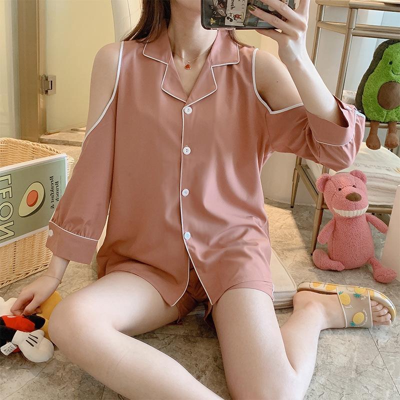 Pajamas women summer sleeve ice silk spring and autumn cute red blast home clothing two pieces of clothing dew shoulder large yards