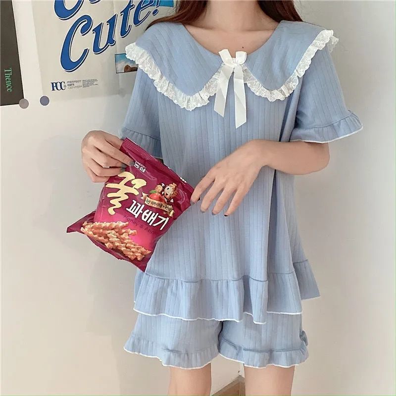Pajamas women's summer suit Korean version of the new sweet short-sleeved shorts two-piece set doll collar princess home service