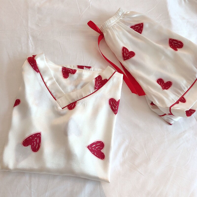 (air-conditioning room pyjamas) Summer ice silk pyjamas ladies suit Korean version of thin section V collar short sleeve shorts Home clothes