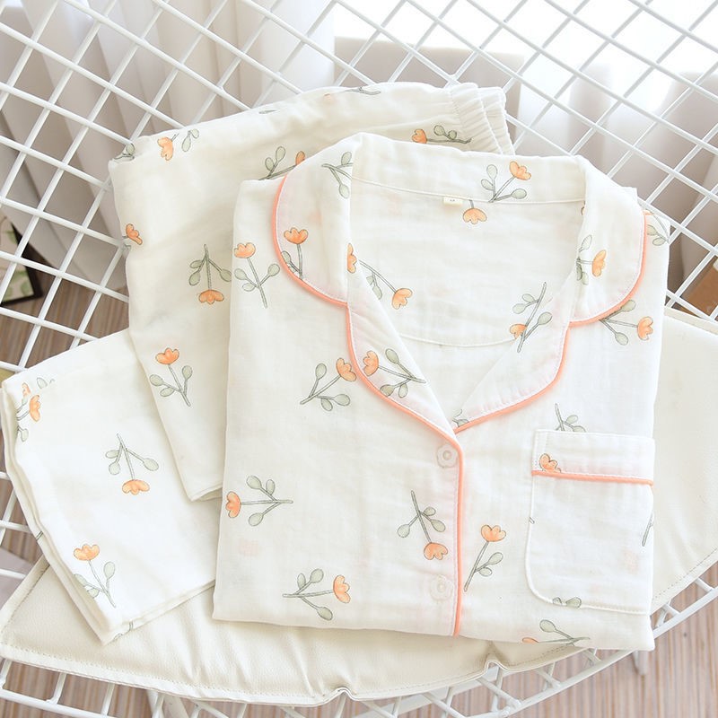 Couple cotton gauze pajamas spring and autumn men and women all cotton Japanese large summer thin home suit