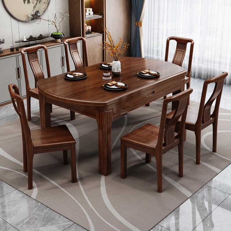 Ebony Solid Wood Dining Table for Home Living Room, New Chinese Style All-Solid Wood Dining Table, Square and Round Dual-Use, Foldable and Extendable with Turntable Ebony Solid Wood Dining Table for Home Living Room, New Chinese Style All-Solid Wood Dining Table, Square and Round Dual-Use, Foldable and Extendable with Turntable