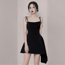 Small sub Hepburn style temperament small black dress 2022 Summer new female irregular A word harnesses one-piece dress