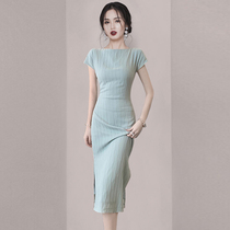 Sashimi glutes slim fit straight shoulder one-piece dress Women 2022 Summer new high-end temperament Feminine Dress Dress