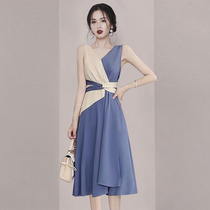High-end temperament name Yuanyuan Collision Color Splicing Dress 2022 Summer New Goddess Fan Cashew Slim Fit Woman Dress Dress