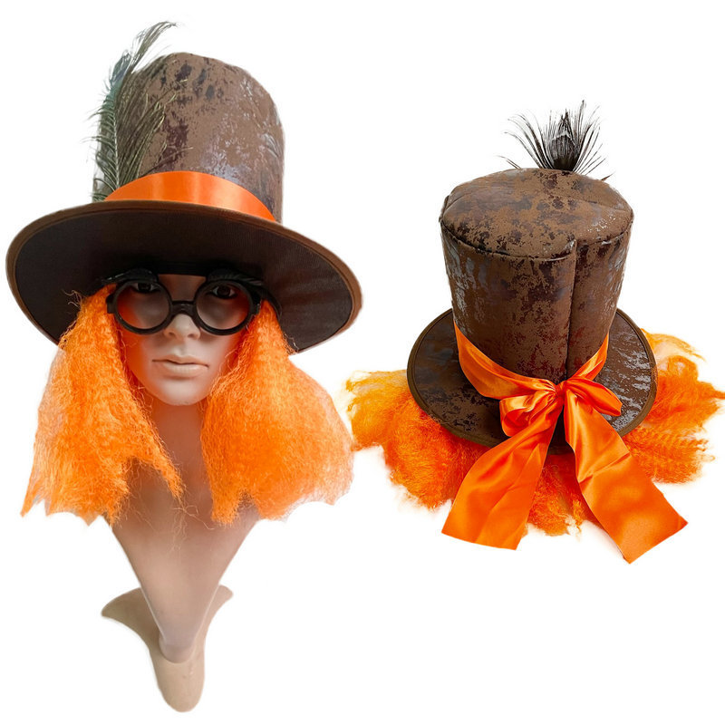 Halloween Ball Party Mask and Headgear, Peacock Feather Orange Wig Hat, Irish Hat, Magician Hat