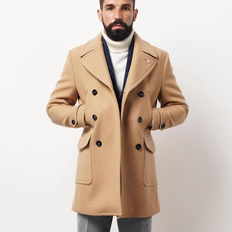 New Autumn and Winter Men's Retro Navy Coat Woolen Double-Breasted Slim Parka Thickened Mid-Length Coat