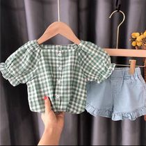 Girl Suit Summer 2021 New Korean Version Children Summer Clothing Foreign Air Baby Mesh Red Short Sleeve Jeans Two Sets