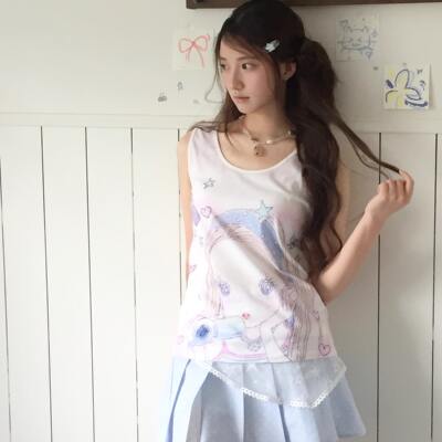 StarryKitty millennial style printed vest, loose pink, slimming, concealing breasts, sleeveless top
